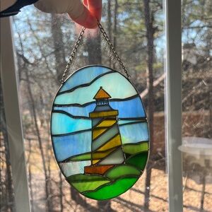 Source Unknown Stained Glass Lighthouse Art - Blue, Green, and Yellow